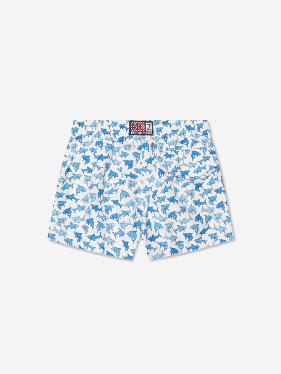 Teen MC2 Saint Barth Swimwear | Boys Shark Trouble Swim Shorts In White