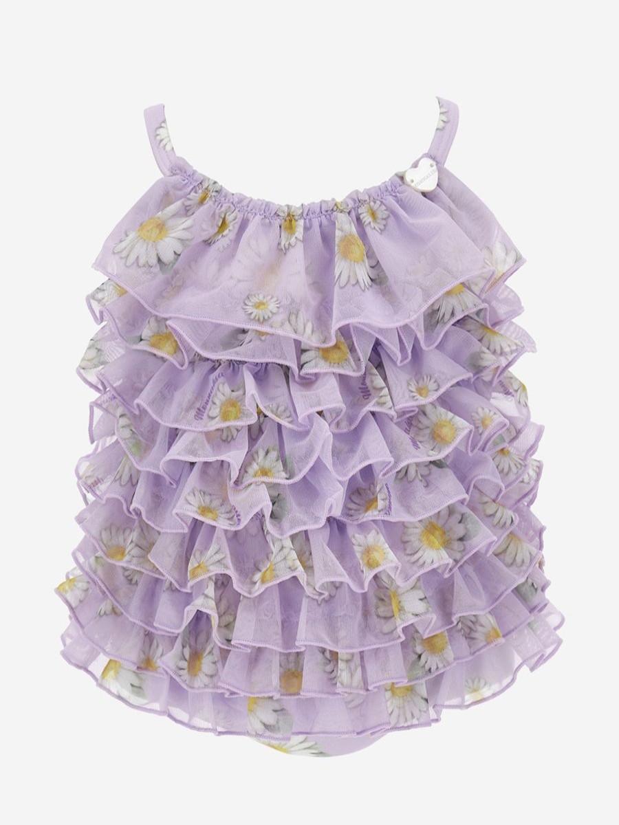 Baby Monnalisa Swimwear | Baby Girls Daisy Tulle Swimsuit In Purple