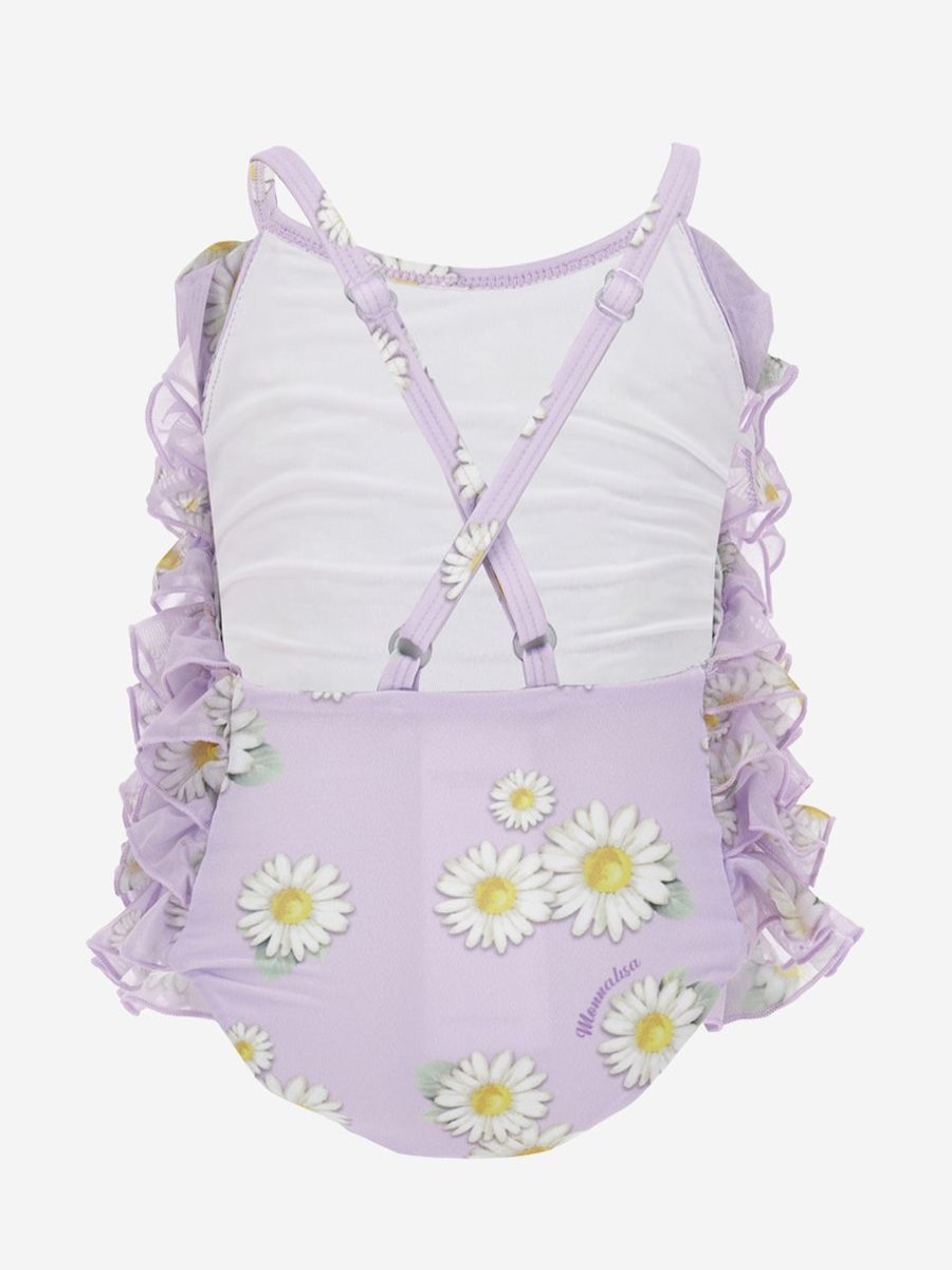 Baby Monnalisa Swimwear | Baby Girls Daisy Tulle Swimsuit In Purple