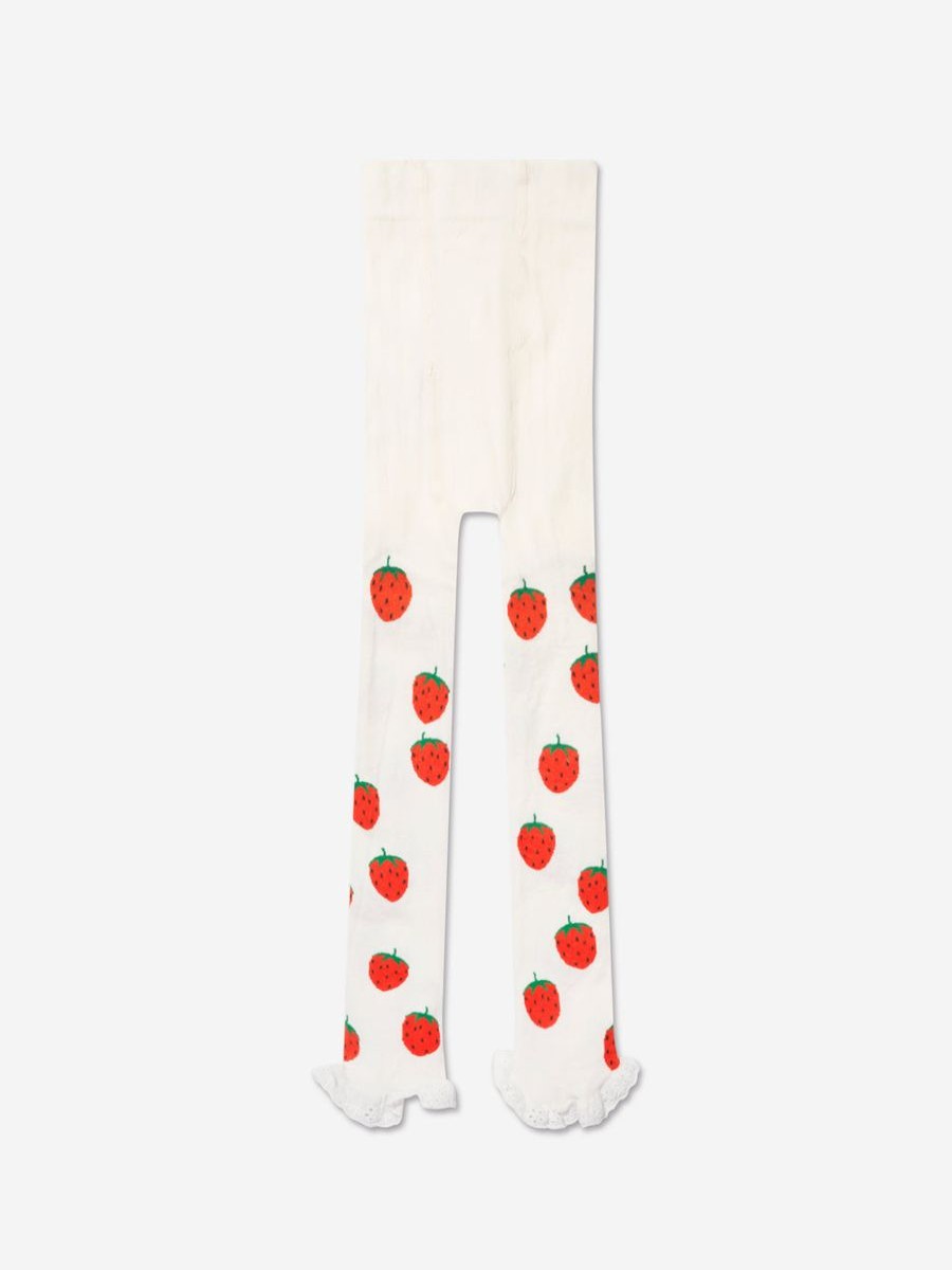 Girls Mini Rodini Leggings | Girls Strawberries Lace Edge Leggings In Ivory