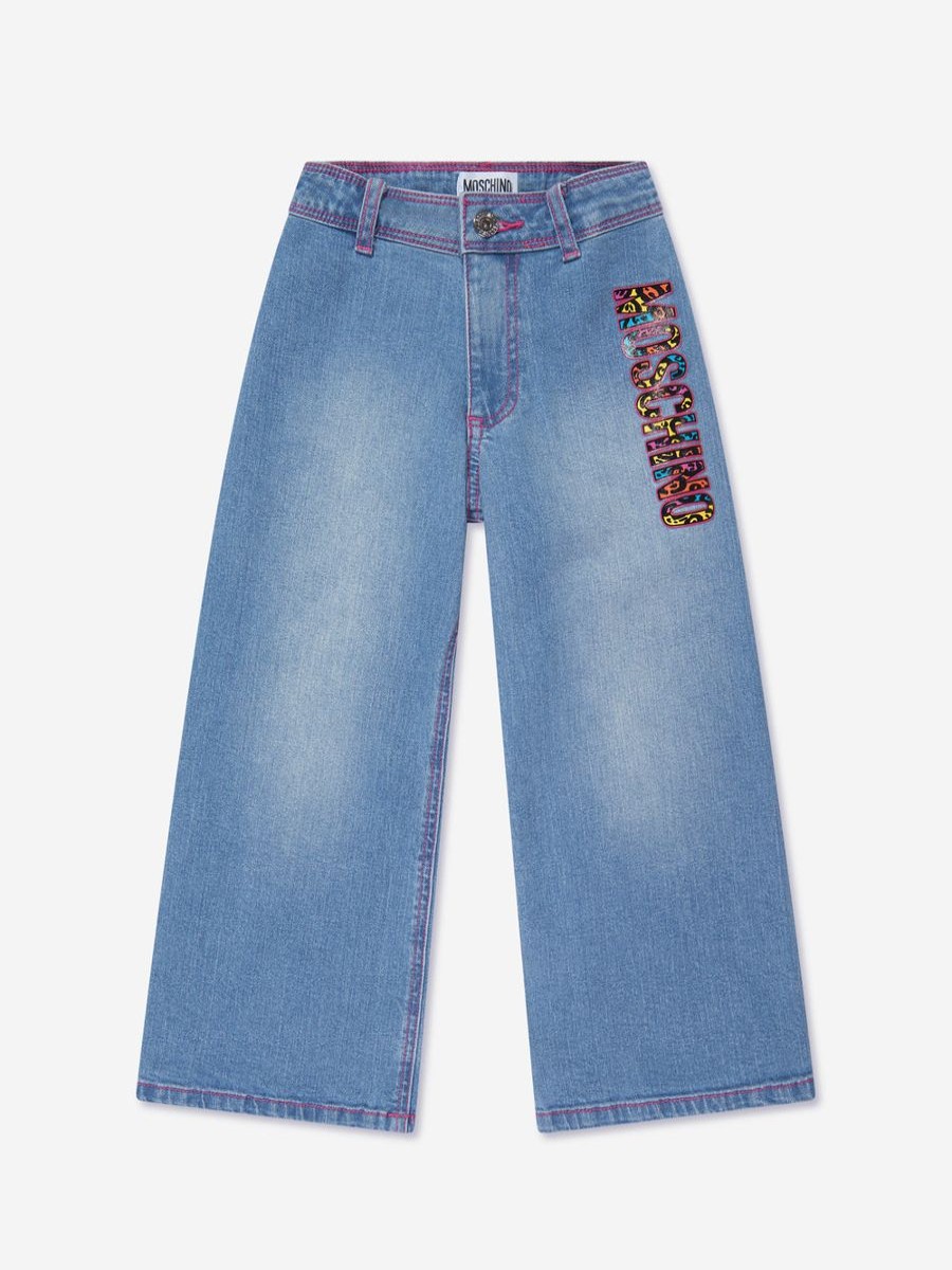 Girls Moschino Kids Trousers | Girls Wide Leg Logo Jeans In Blue