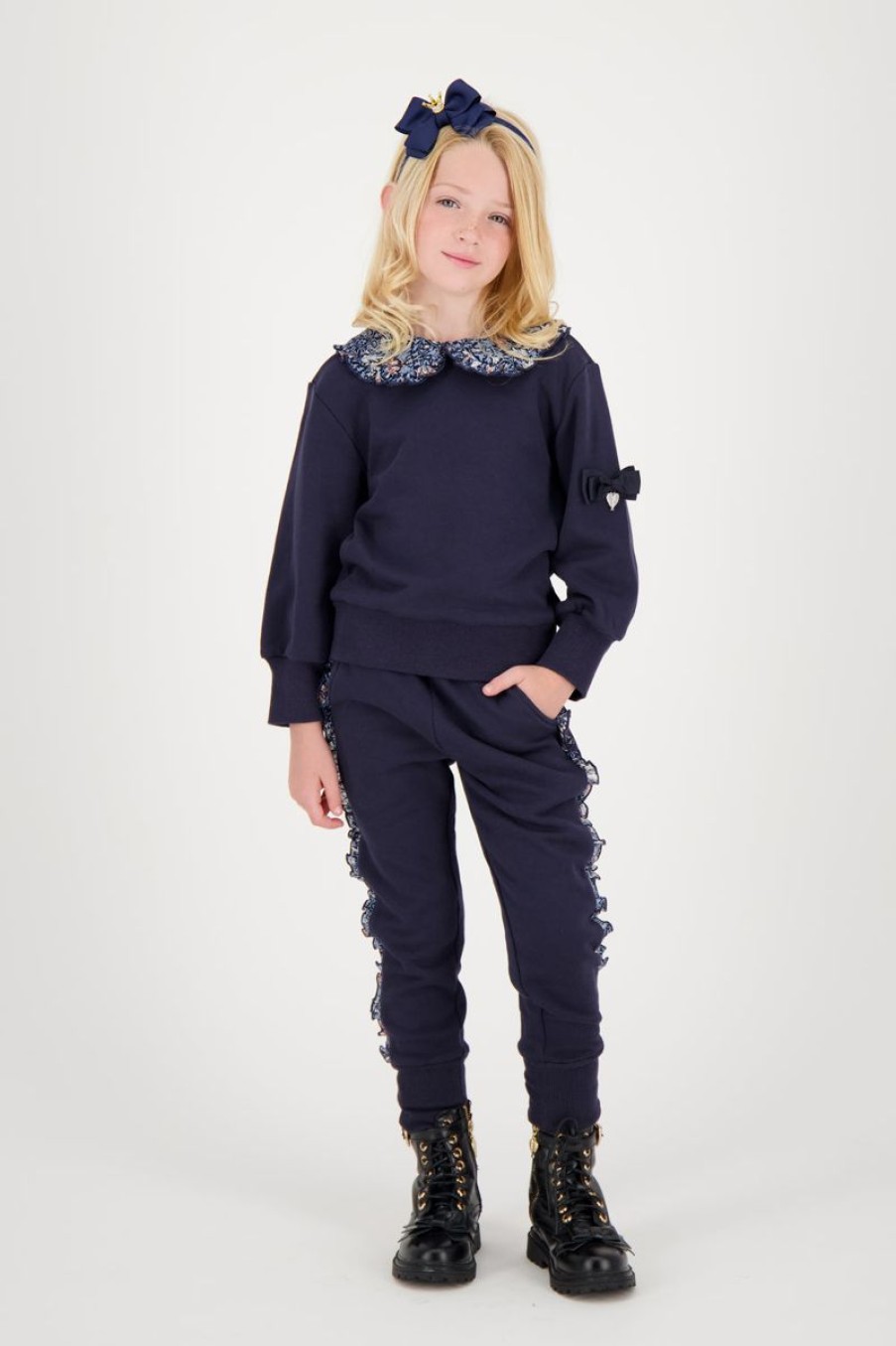 Girls Angels Face Tracksuits | Girls Tabby Printed Frill Tracksuit In Navy