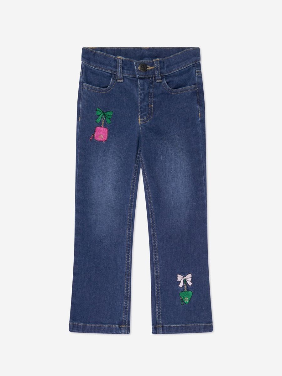 Girls Aigner Jeans | Girls Embroidered Flared Jeans In Blue