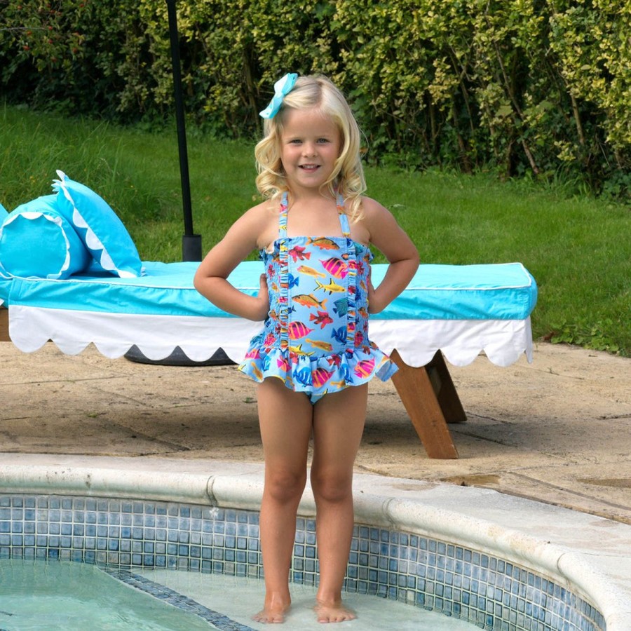 Girls Rachel Riley Swimwear | Girls Tropical Fish Ruched Swimsuit In Multicolour