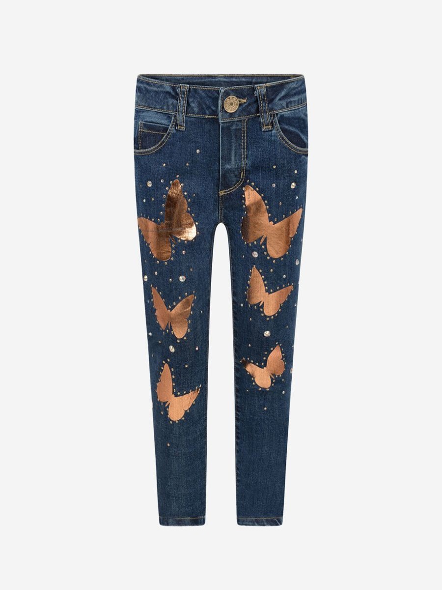 Girls Paesaggino Jeans | Denim & Bronze Butterfly Studded Jeans