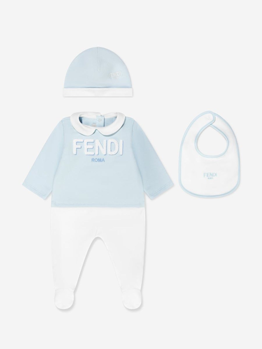 Baby Fendi Kids Babygrows & Rompers | Fendi Kids - Baby Boys Babgrow Gift Set (3 Piece) In Blue | Childsplay Clothing