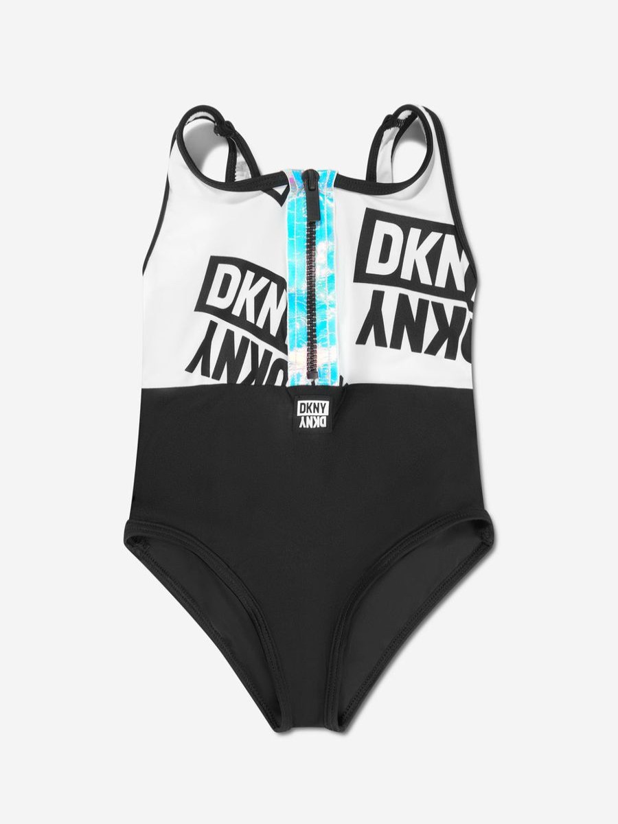 Teen DKNY Swimwear | Girls Half Zip Logo Swimming Costume In White