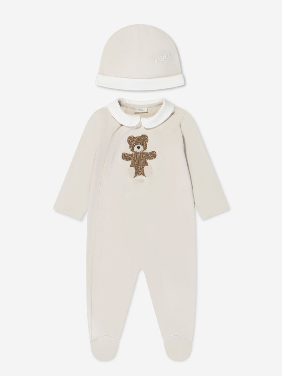 Baby Fendi Kids Babygrows & Rompers | Fendi Kids - Baby Bear Babygrow Gift Set (2 Piece) In Beige | Childsplay Clothing