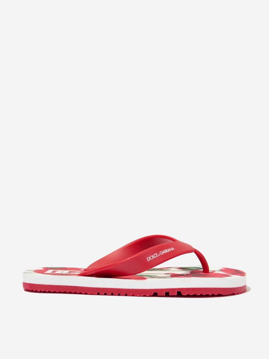 Teen Dolce & Gabbana Kids Footwear | Dolce & Gabbana Kids - Girls Poppy Print Flip Flops In Red | Childsplay Clothing