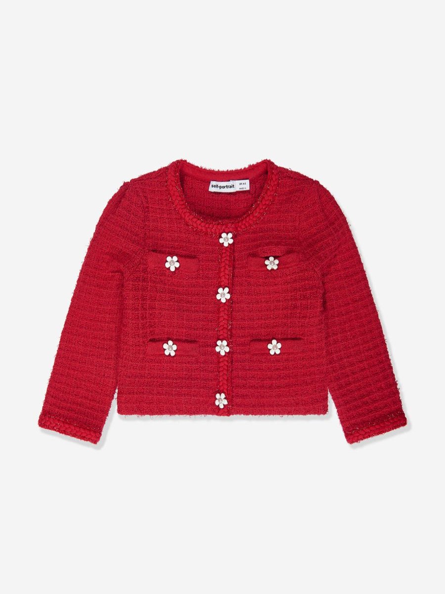 Girls Self Portrait Jumpers & Cardigans | Girls Textured Knit Cardigan In Red