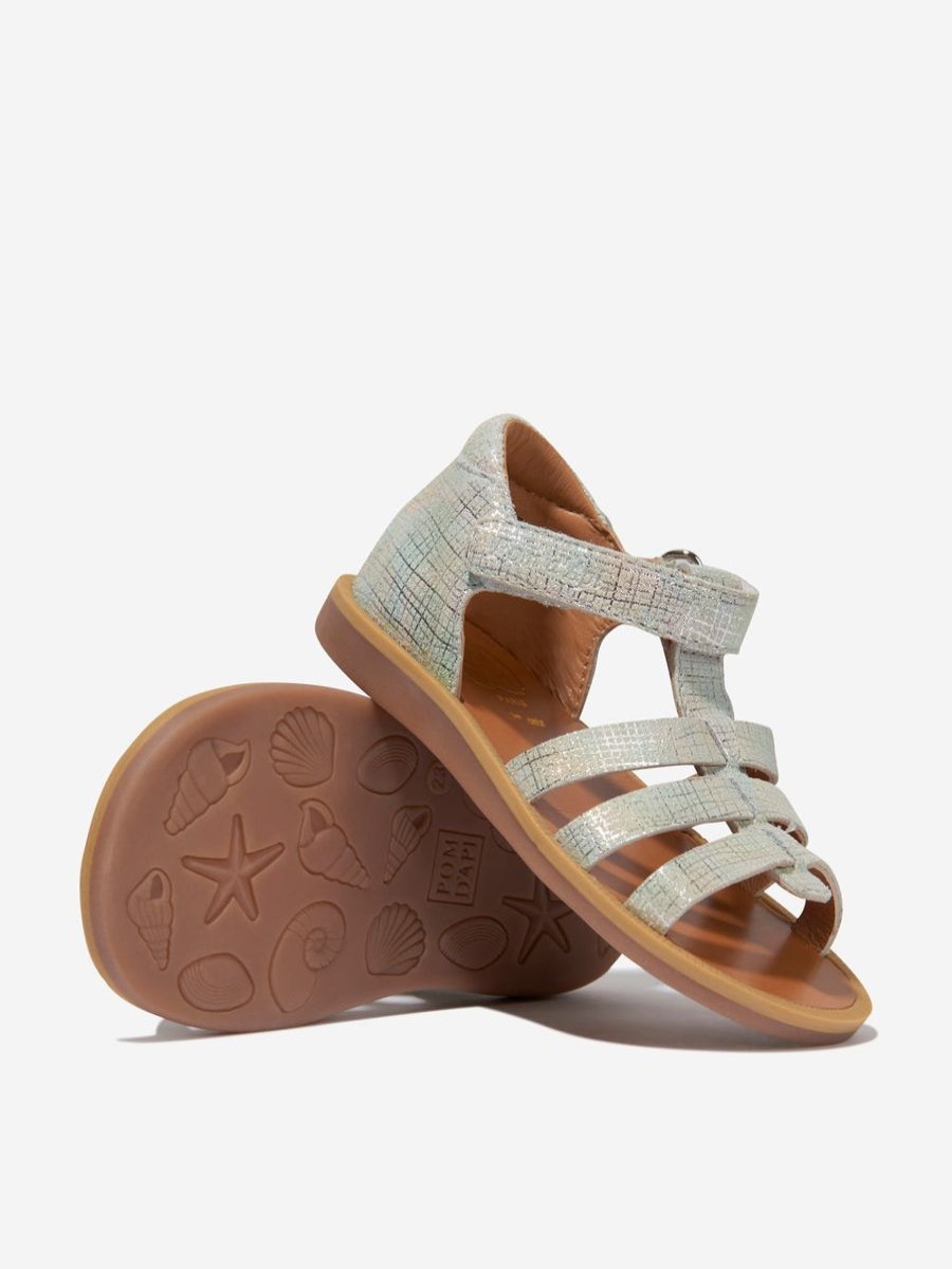 Baby Pom D'Api Shoes | Girls Leather Poppy Strap Sandals In Silver