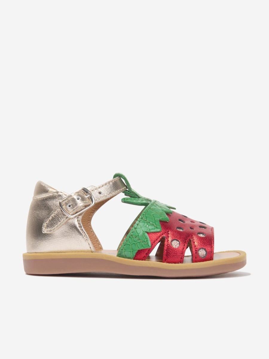 Baby Pom D'Api Shoes | Girls Leather Poppy Strawberry Sandals In Gold