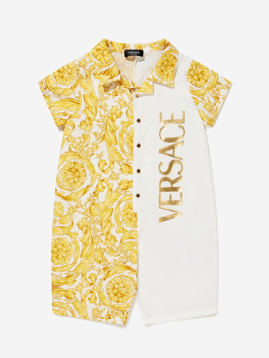 Girls Versace Babygrows & Rompers | Versace - Baby Unisex Cotton Barocco Print Logo Romper | Childsplay Clothing