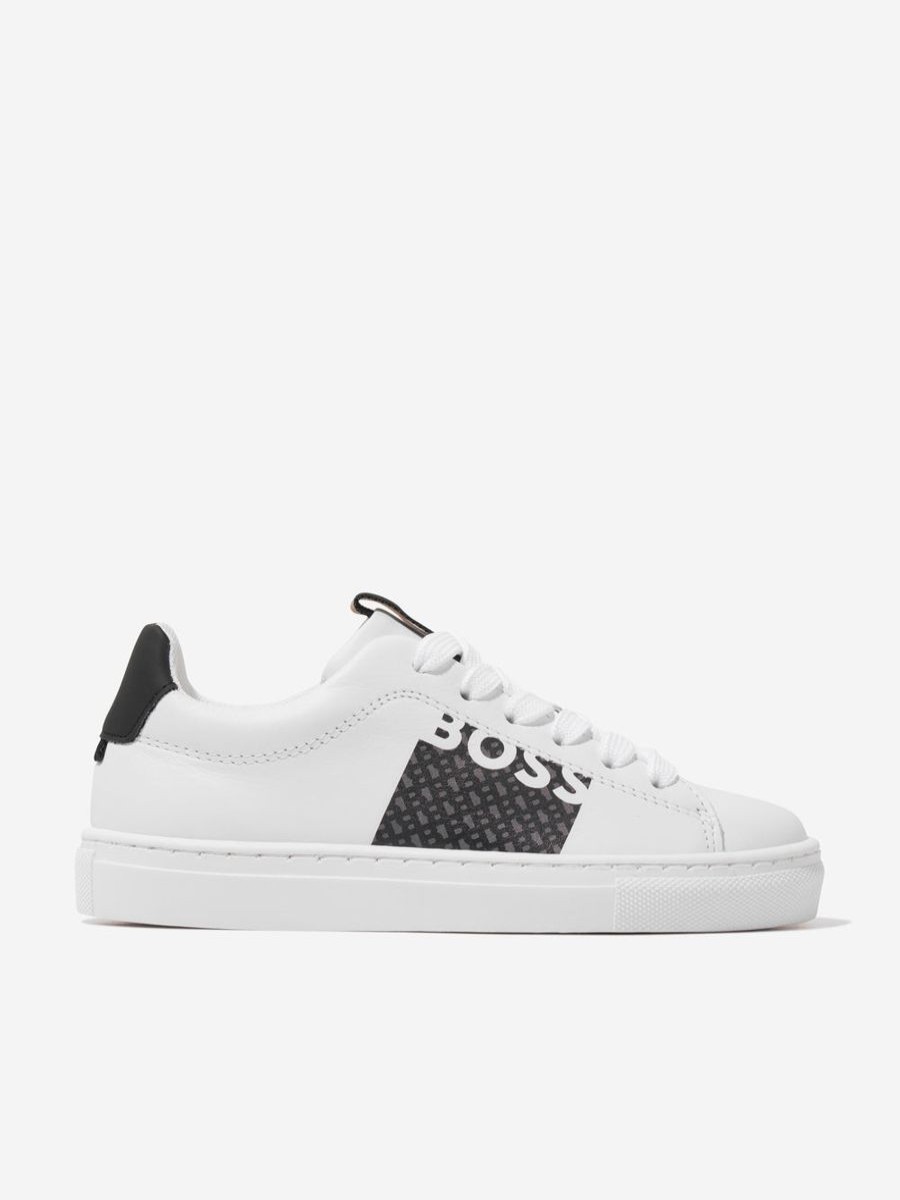 Boys BOSS Sneakers | Boys Leather Monogram Trainers In White