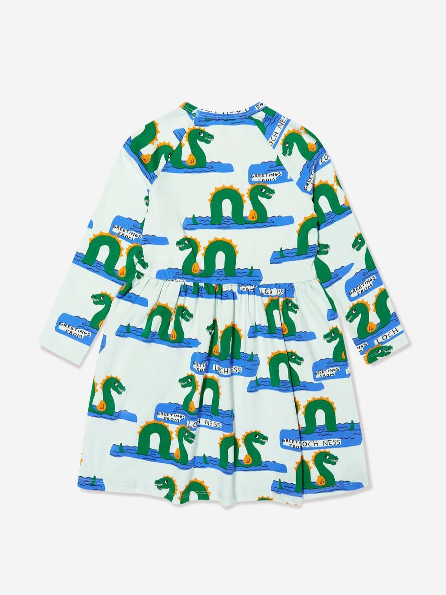 Girls Mini Rodini Dresses | Mini Rodini - Girls Organic Cotton Loch Ness Long Sleeve Dress In Green | Childsplay Clothing