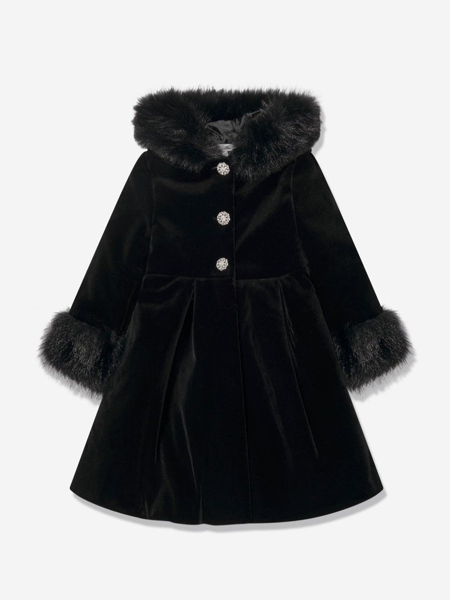 Girls Patachou Coats & Jackets | Girls Velvet And Fur Trim Coat In Black