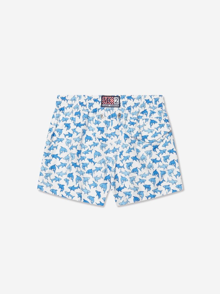 Boys MC2 Saint Barth Shorts | Boys Shark Trouble Swim Shorts In White