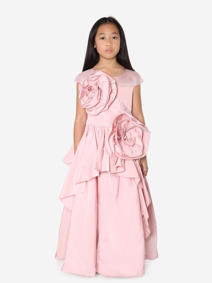 Girls Marchesa Dresses | Girls Rose Embellished Sculptural Taffeta Gown In Pink