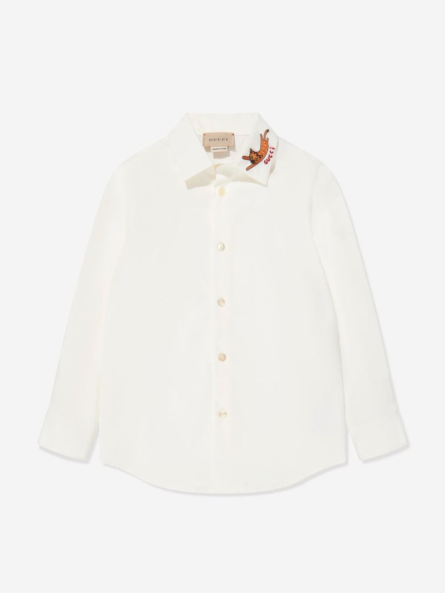 Boys Gucci Kids Shirts | Boys Long Sleeve Embroidered Shirt In Ivory