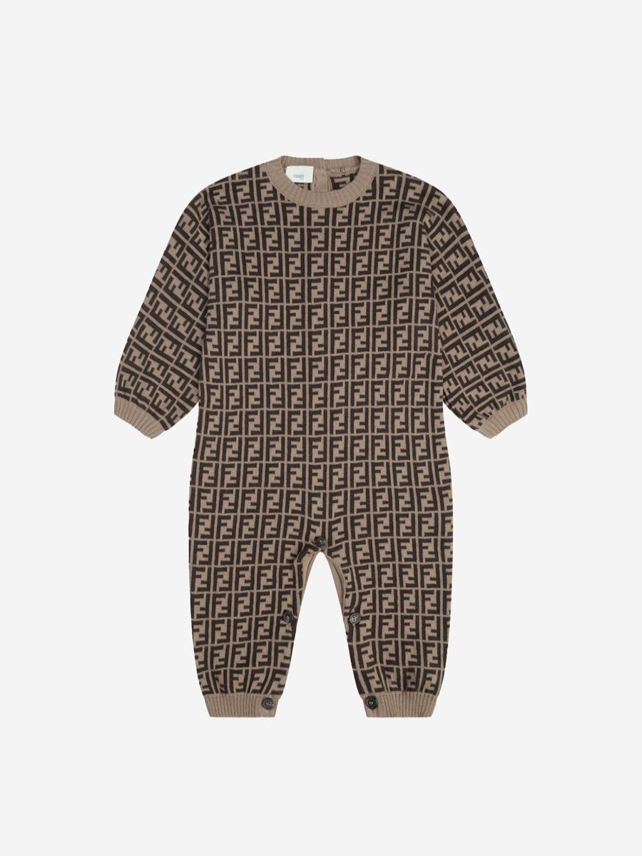 Boys Fendi Kids Babygrows & Rompers | Fendi Kids - Baby Cotton & Cashmere Romper In Brown | Childsplay Clothing