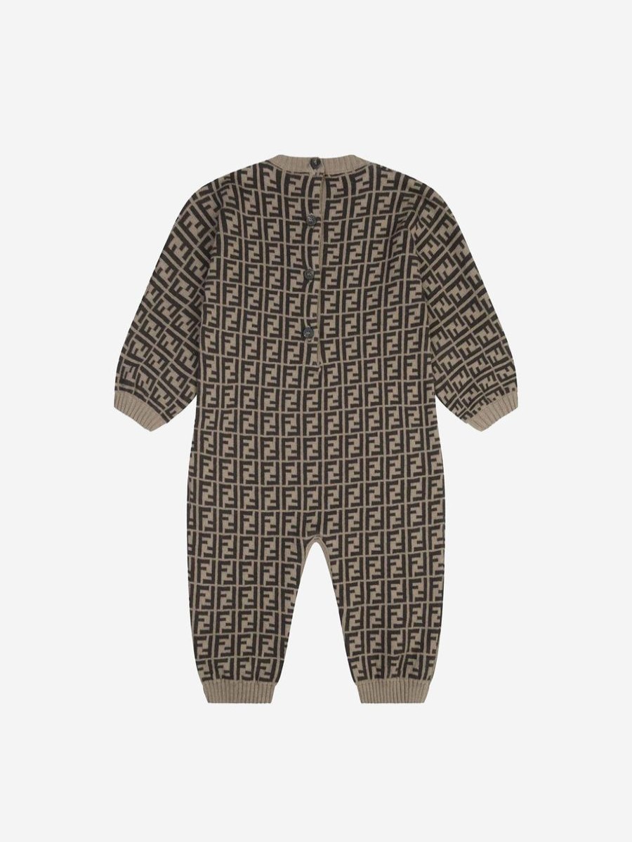 Boys Fendi Kids Babygrows & Rompers | Fendi Kids - Baby Cotton & Cashmere Romper In Brown | Childsplay Clothing