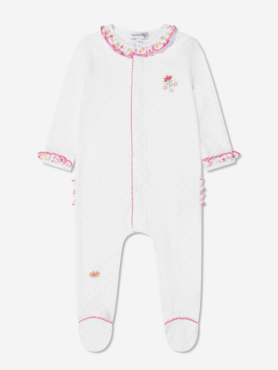 Girls Magnolia Baby Babygrows & Rompers | Baby Girls Embroidered Ruffle Babygrow In White