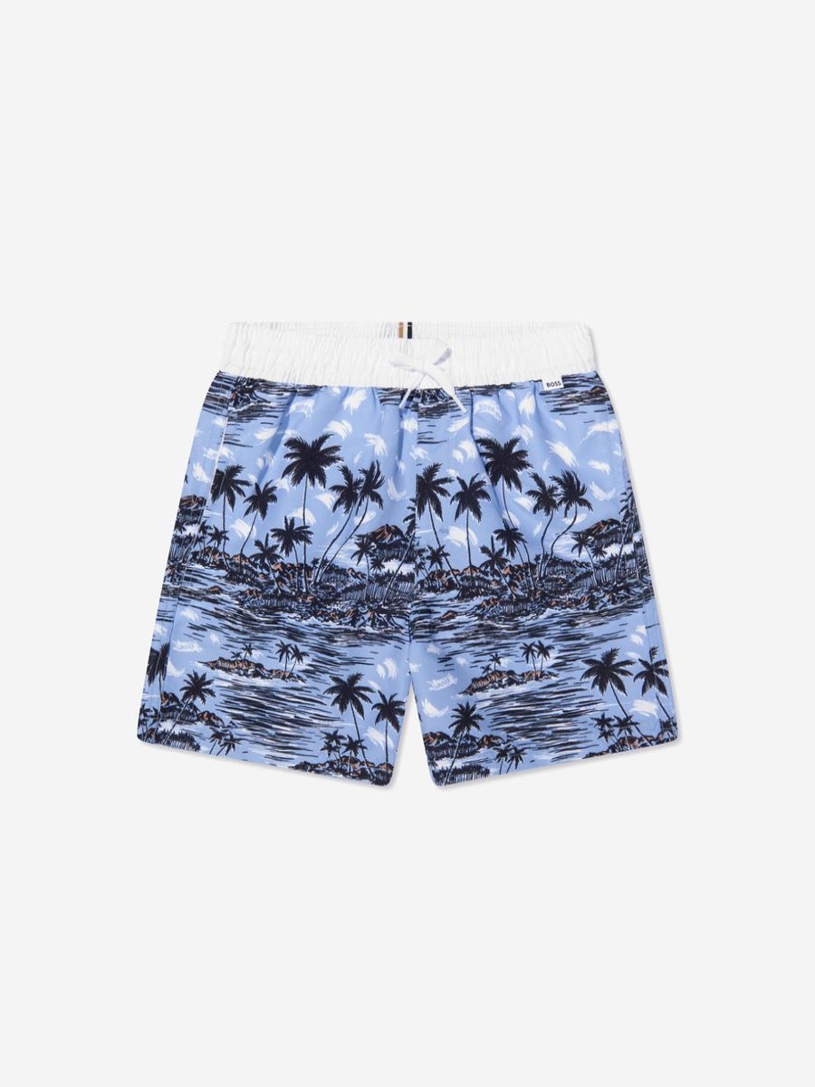 Boys BOSS Swimwear | Boss - Boys Tropical Print Swim Shorts In Blue | Childsplay Clothing