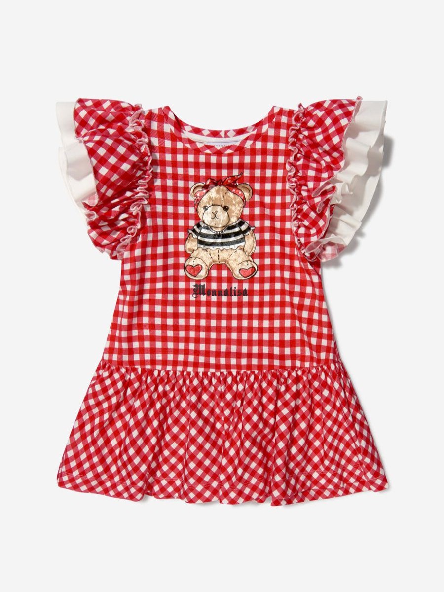 Girls Monnalisa Dresses | Girls Cotton Gingham Teddy Bear Dress