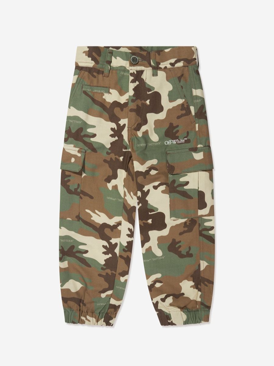 Boys Off-White Trousers | Boys Camouflage Diag Cargo Pants In Green