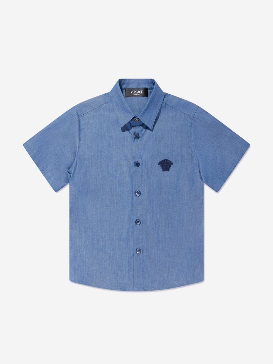 Boys Versace Shirts | Boys Short Sleeve Chambray Shirt In Blue