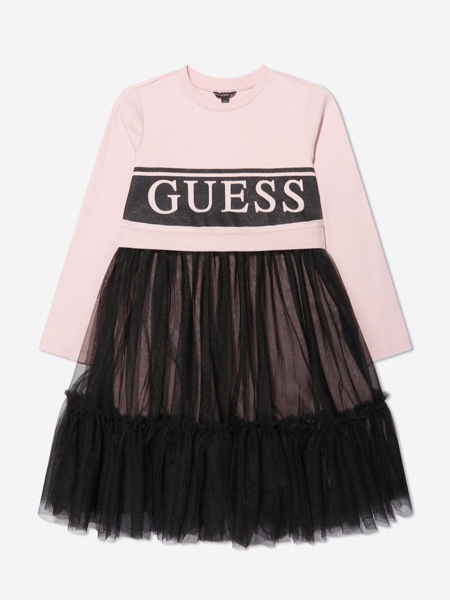 Girls Guess Dresses | Girls Mixed Fabric Dress In Pink