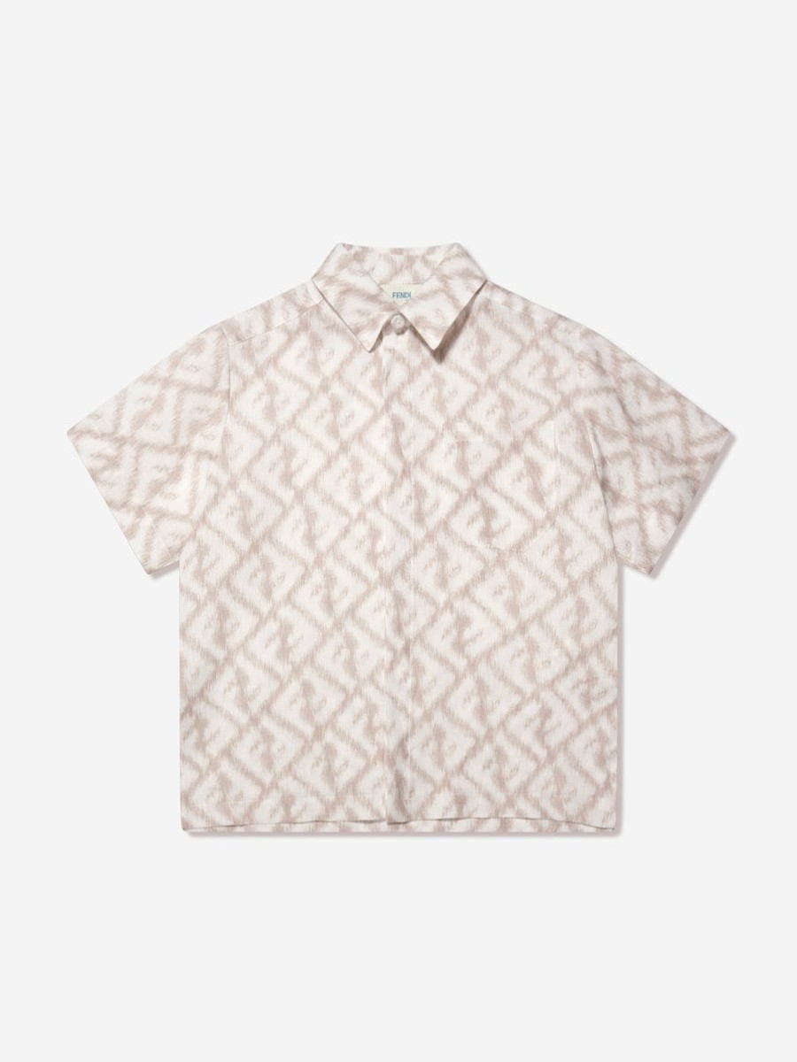 Boys Fendi Kids Shirts | Boys Short Sleeve Linen Logo Shirt In Ivory