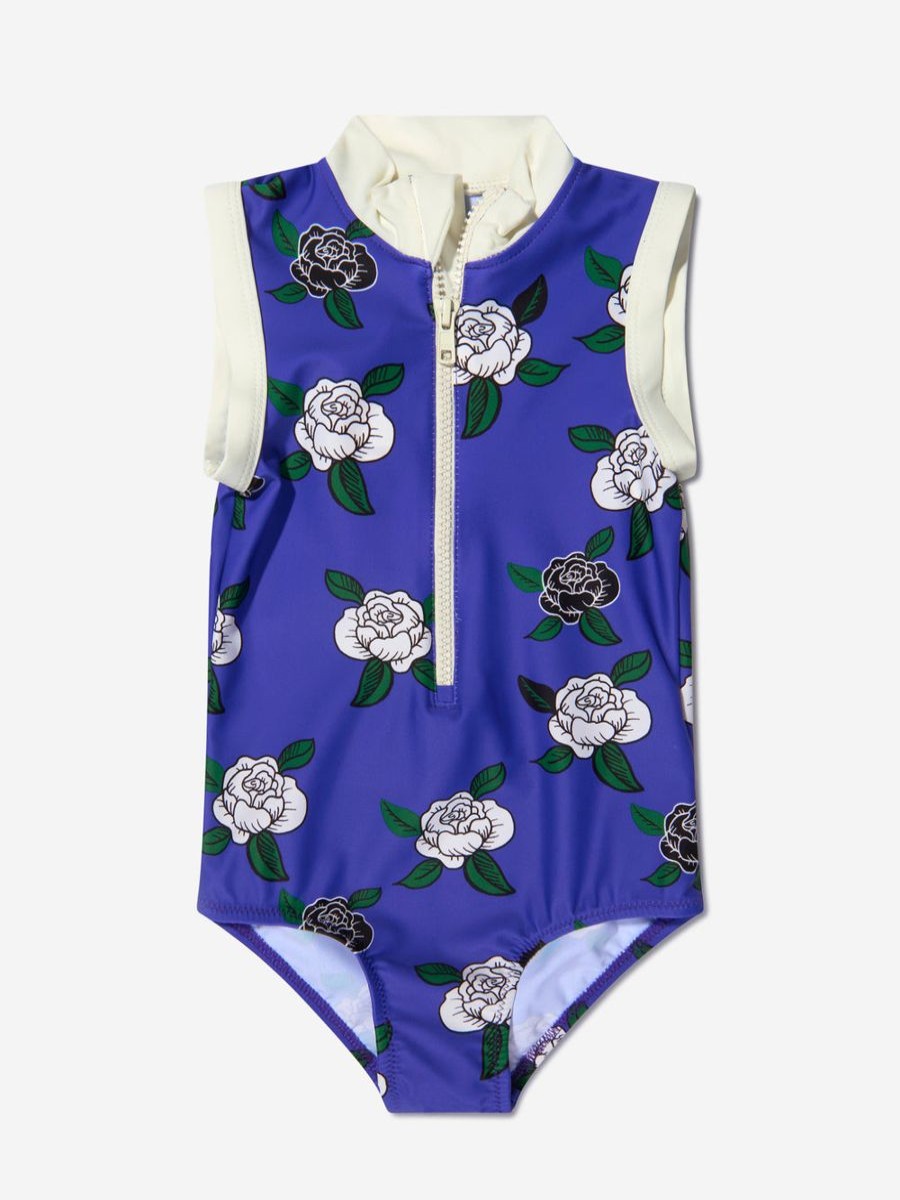 Girls Mini Rodini Swimwear | Girls Rose Print Zip Up Swimsuit