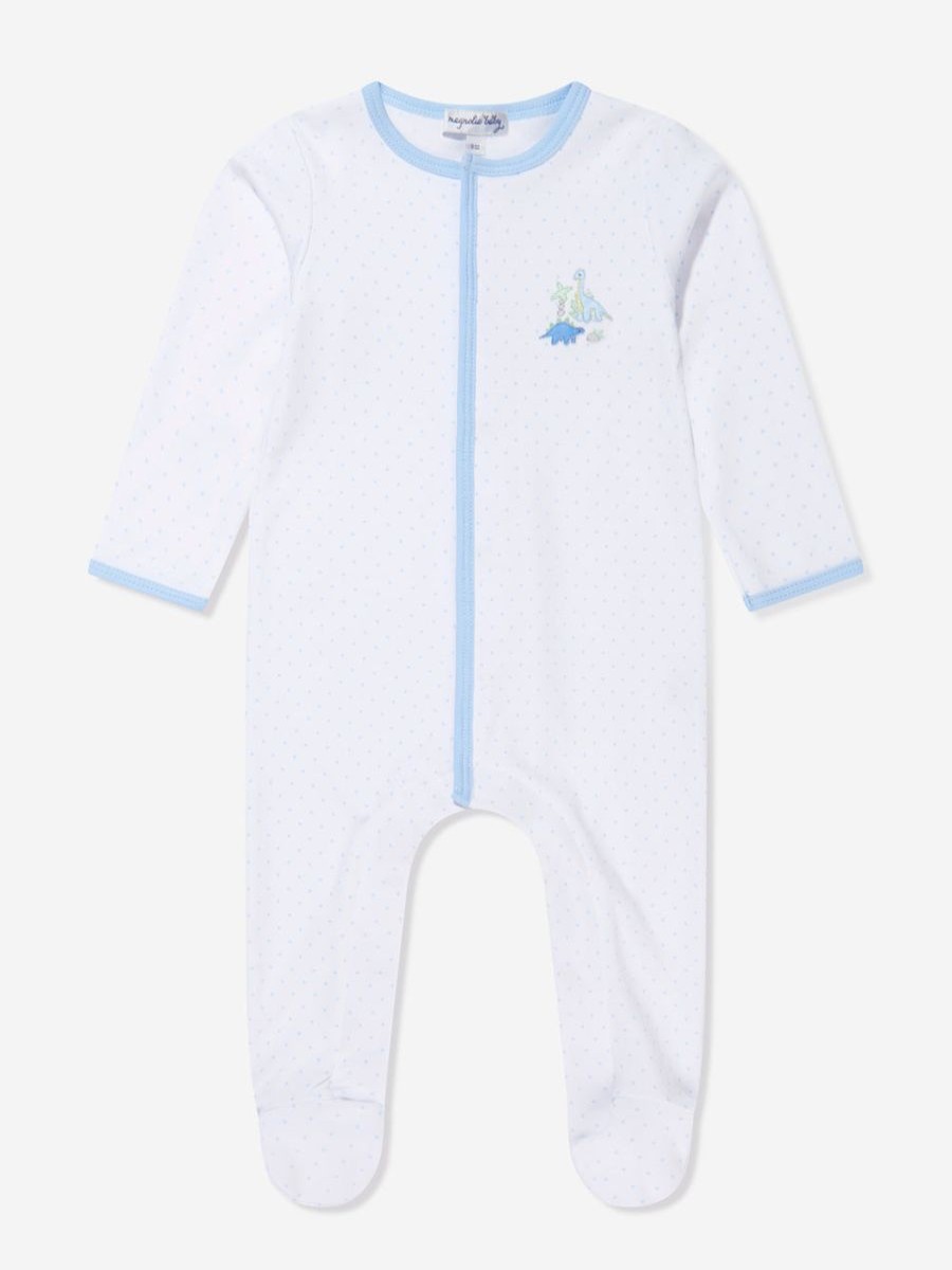 Boys Magnolia Baby Babygrows & Rompers | Baby Boys Dinoland Embroidered Babygrow In White