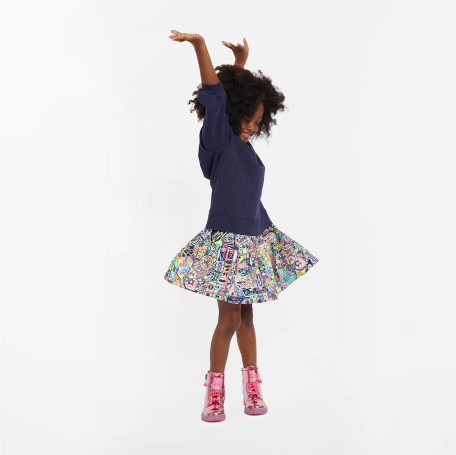 Girls Billieblush Dresses | Girls Bi-Material Sweater Dress In Navy