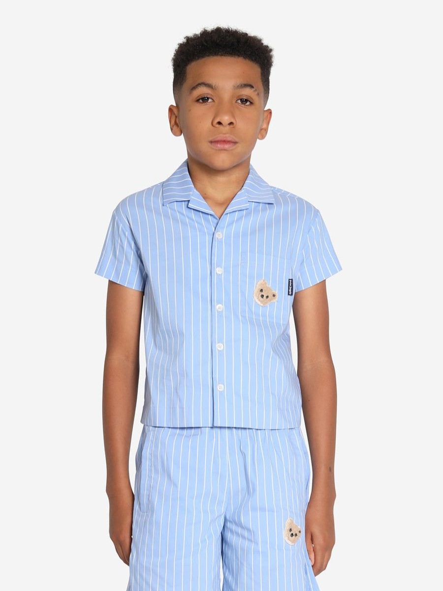 Boys Palm Angels Shirts | Boys Mini Bear Striped Bowling Shirt In Blue