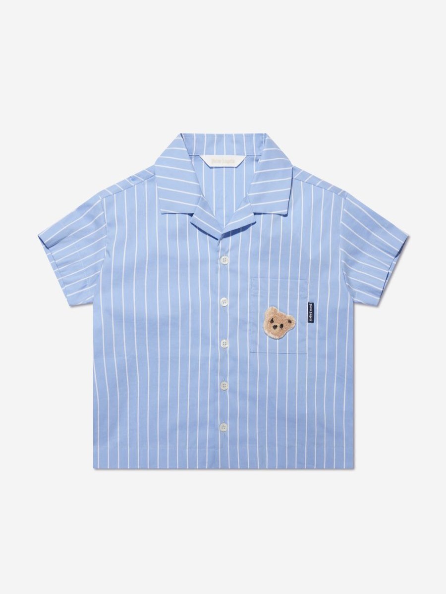 Boys Palm Angels Shirts | Boys Mini Bear Striped Bowling Shirt In Blue