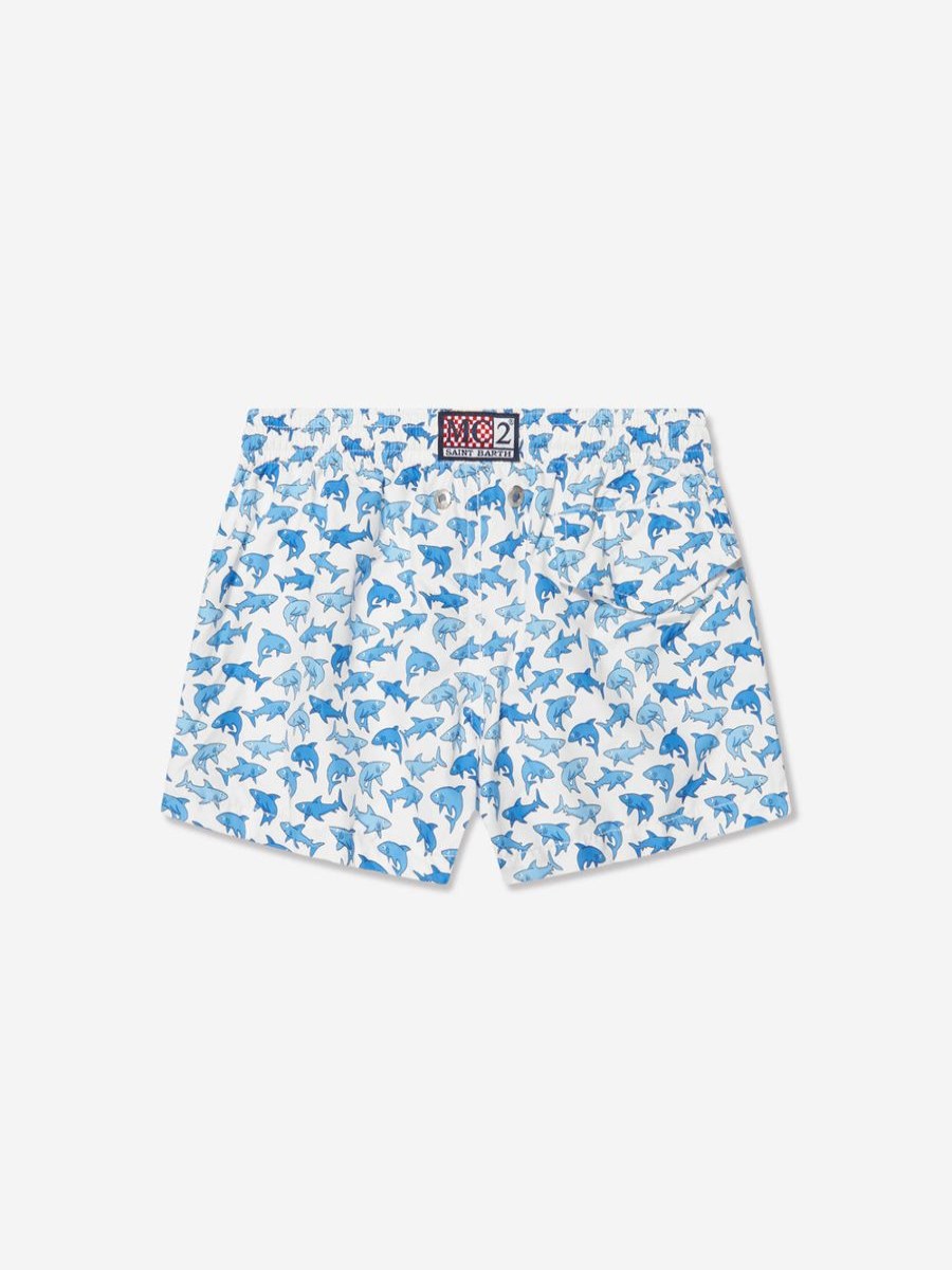 Boys MC2 Saint Barth Swimwear | Boys Shark Trouble Swim Shorts In White