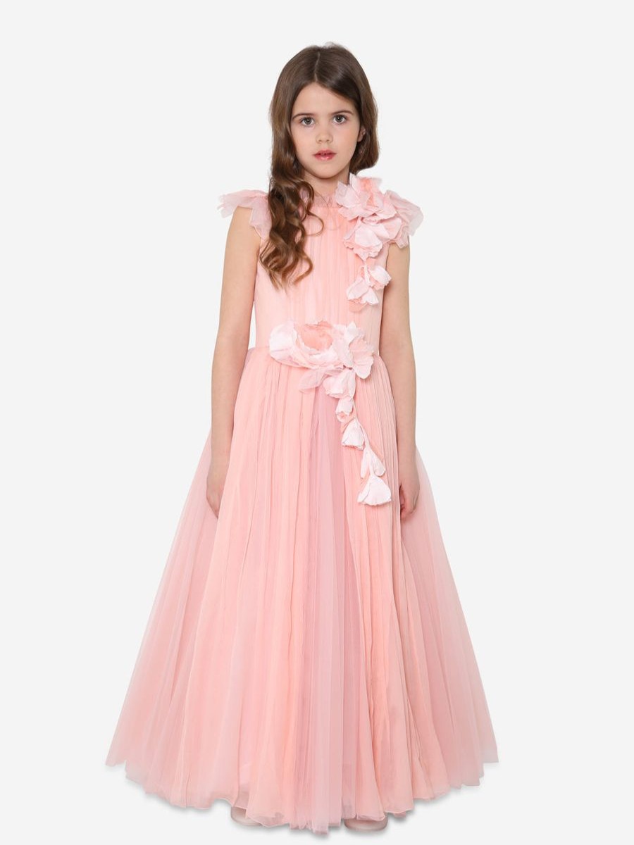 Girls Marchesa Dresses | Girls Flower Embellished Georgette Gown In Pink