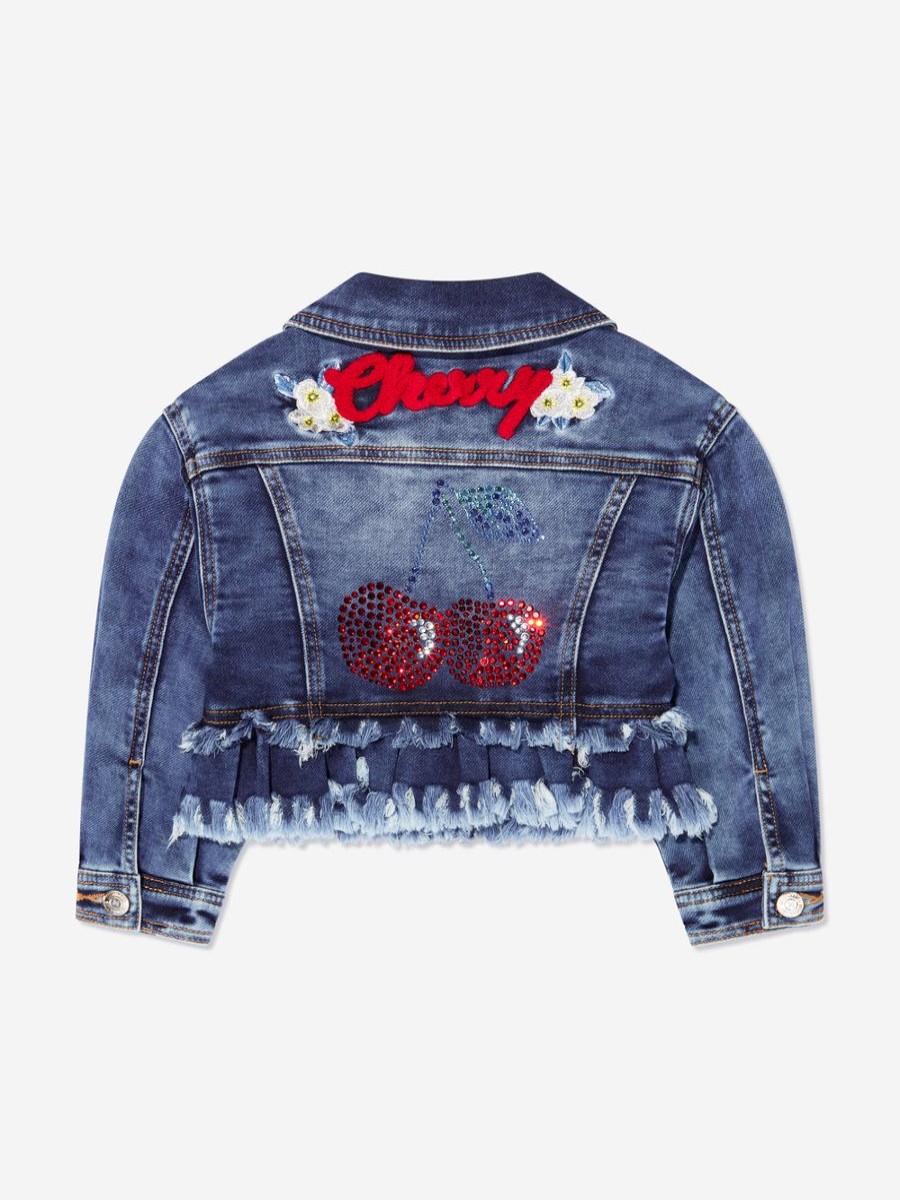 Girls Monnalisa Coats & Jackets | Monnalisa - Girls Embroidered Cherries Denim Jacket In Blue | Childsplay Clothing