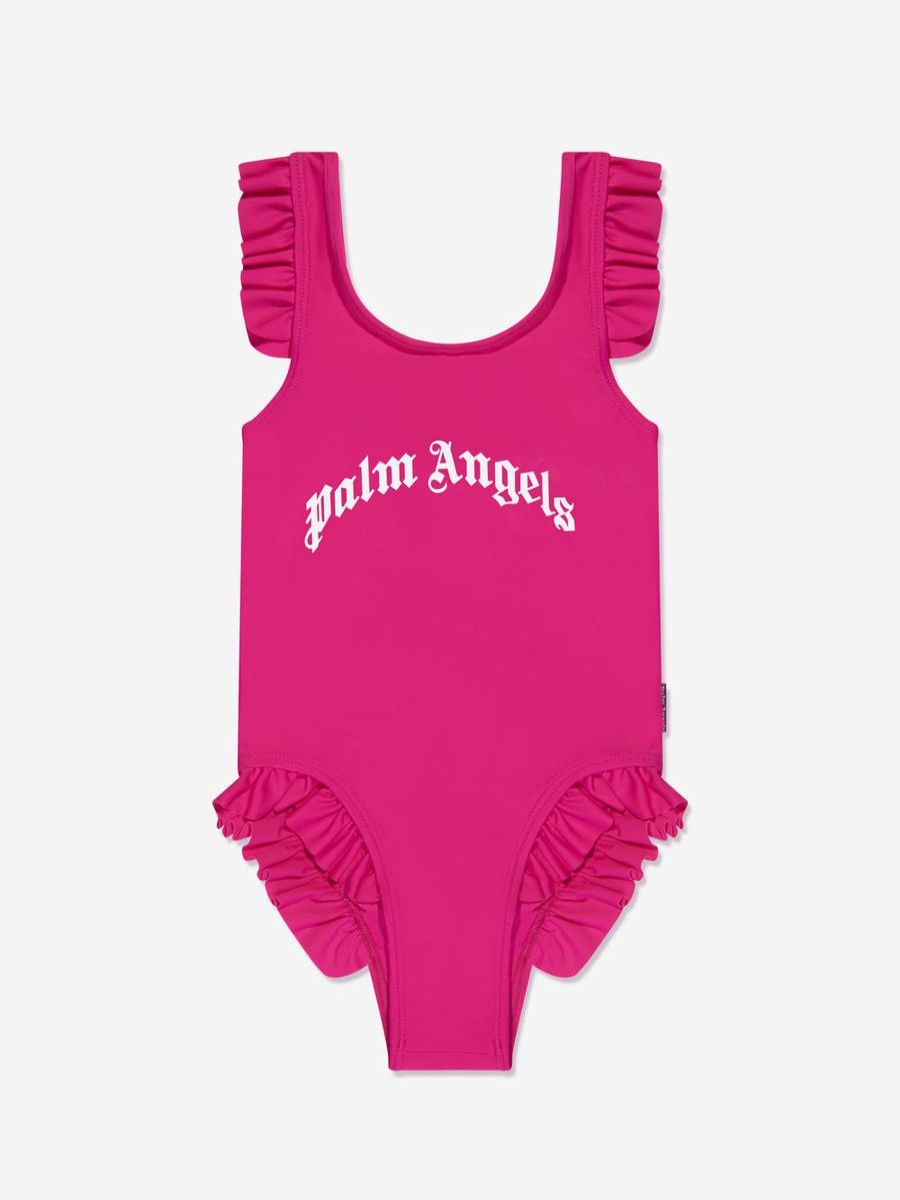 Girls Palm Angels Swimwear | Girls Curved Logo Swimsuit In Pink