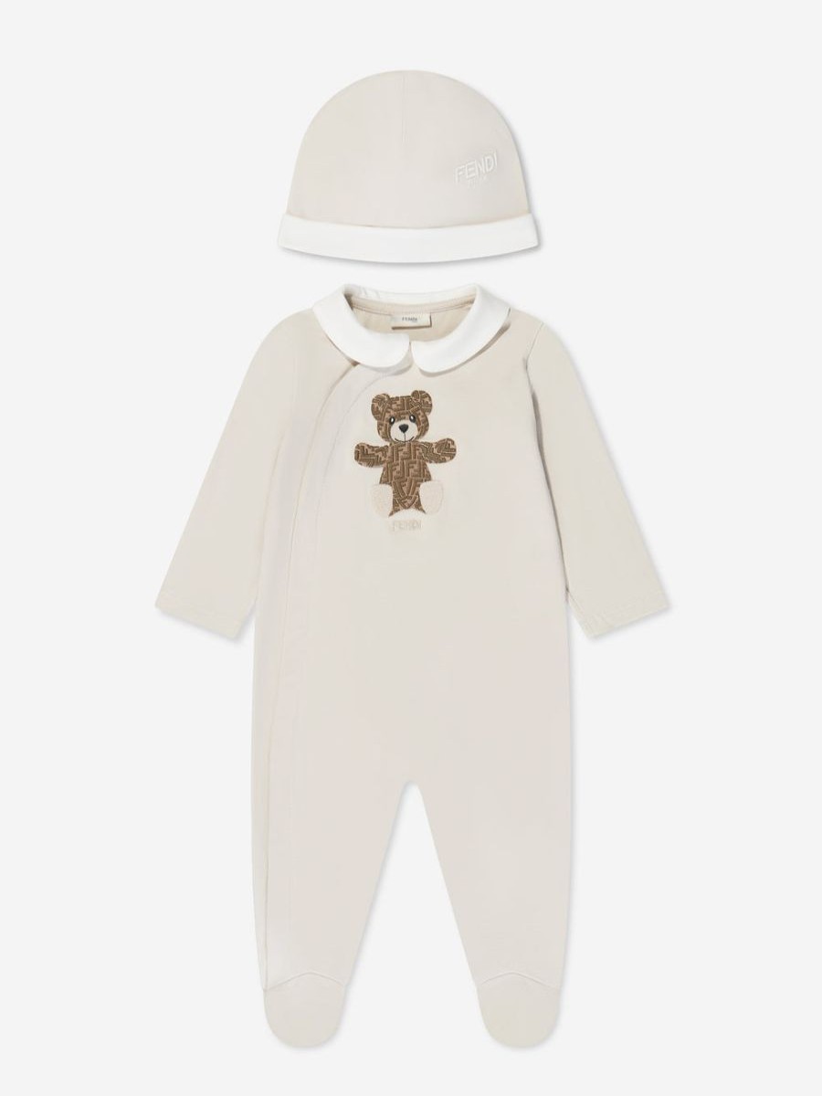 Girls Fendi Kids Babygrows & Rompers | Fendi Kids - Baby Bear Babygrow Gift Set (2 Piece) In Beige | Childsplay Clothing