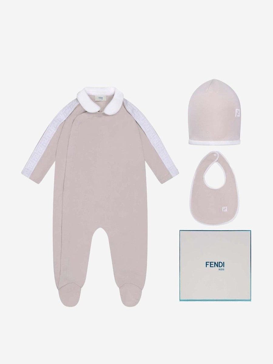 Boys Fendi Kids Babygrows & Rompers | Fendi Kids - Baby Babygrow Gift Set (3 Piece) In Beige | Childsplay Clothing