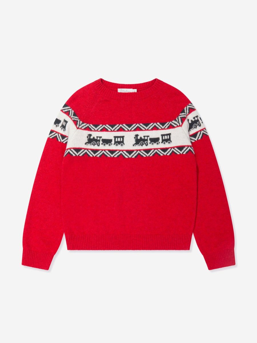 Boys Patachou Jumpers & Cardigans | Boys Wool Knit Train Jumper In Red