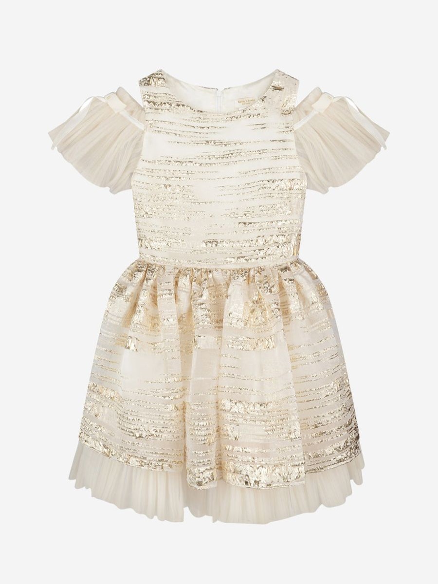 Girls David Charles Dresses | Ivory & Striped Brocade Dress