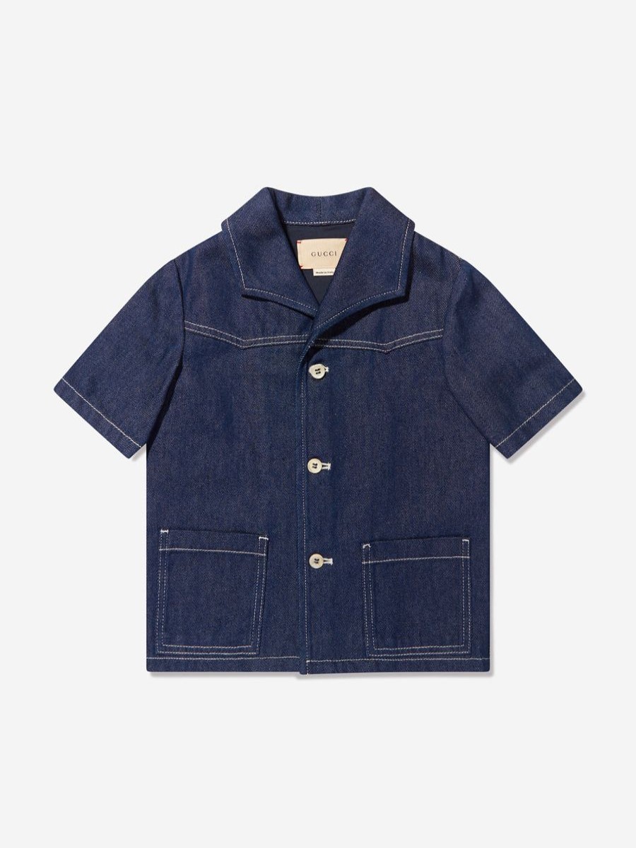 Boys Gucci Kids Shirts | Kids Short Sleeve Denim Shirt In Blue