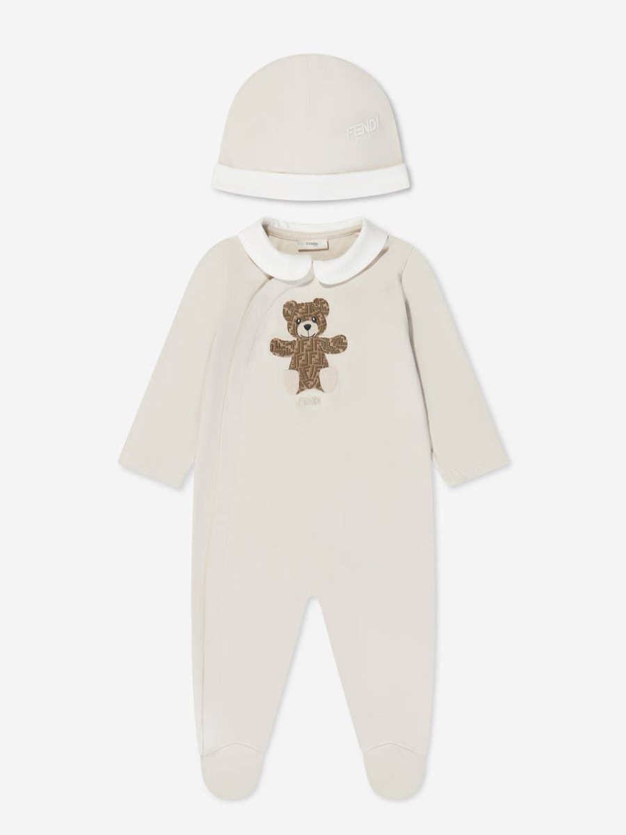 Boys Fendi Kids Babygrows & Rompers | Fendi Kids - Baby Bear Babygrow Gift Set (2 Piece) In Beige | Childsplay Clothing